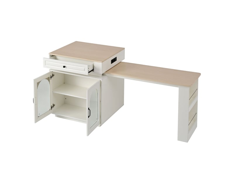  Îlot de cuisine buffet de cuisine à éclairage led roulettes mobiles table à manger extensible blocs multiprises intégrés fonction table haute usage polyvalent finition blanche  - Conforama B
