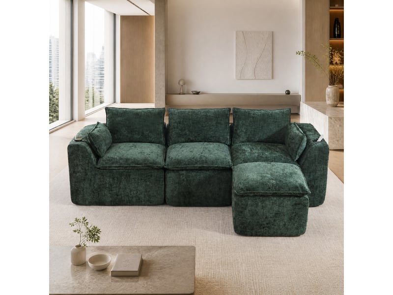  Canapé modulable 3 places modenvie avec pouf, coussins, porte-gobelets et poches latérales en tissu chenille vert foncé 256 x 161 x 75 cm  - Conforama B