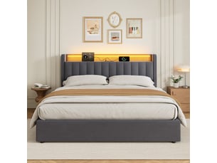 Lit coffre 140 × 200 cm 2 places avec rangement, usb et lumière d’ambiance, sans matelas, gris foncé