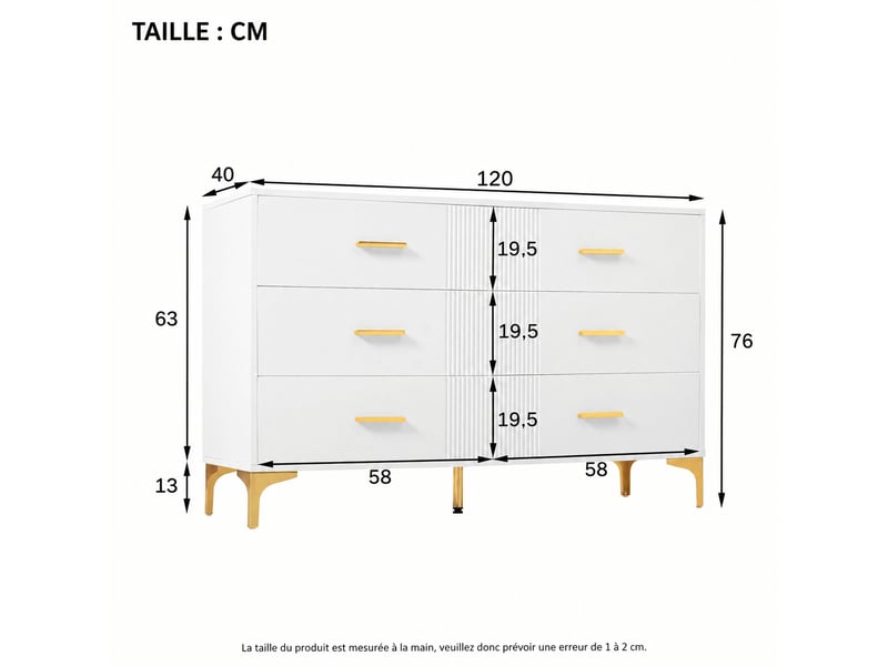 Commode blanche 6 tiroirs pour chambre et salon, façades rainurées, poignées et pieds dorés, 120 x 40 x 76 cm - Conforama C