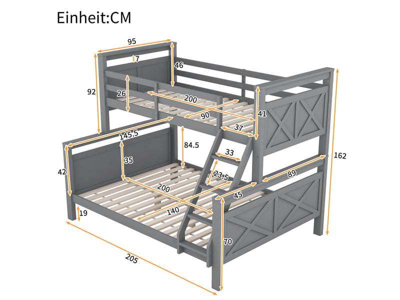  Lit superposé 90x200 et 140x200 cm séparable avec échelle gris  - Conforama C