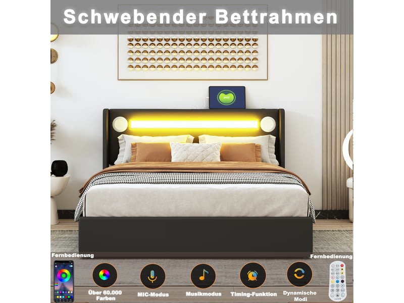 Lit capitonné 160x200 cm noir en simili cuir, led, bluetooth, usb et coffre de rangement.  - Conforama E