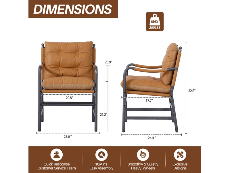 Fauteuil avec accoudoirs et dossier rembourré pour salon, style milieu du siècle en cuir synthétique et métal marron  - Conforama C