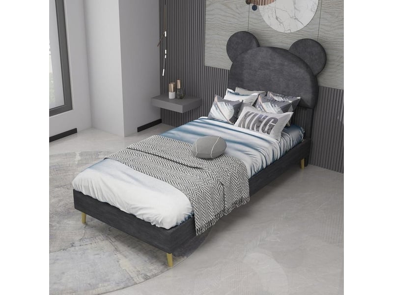  Lit rembourré moderne 90x200 cm avec tête de lit cartoon velours cadre bas chambre enfant ado, sans matelas, gris  - Conforama E