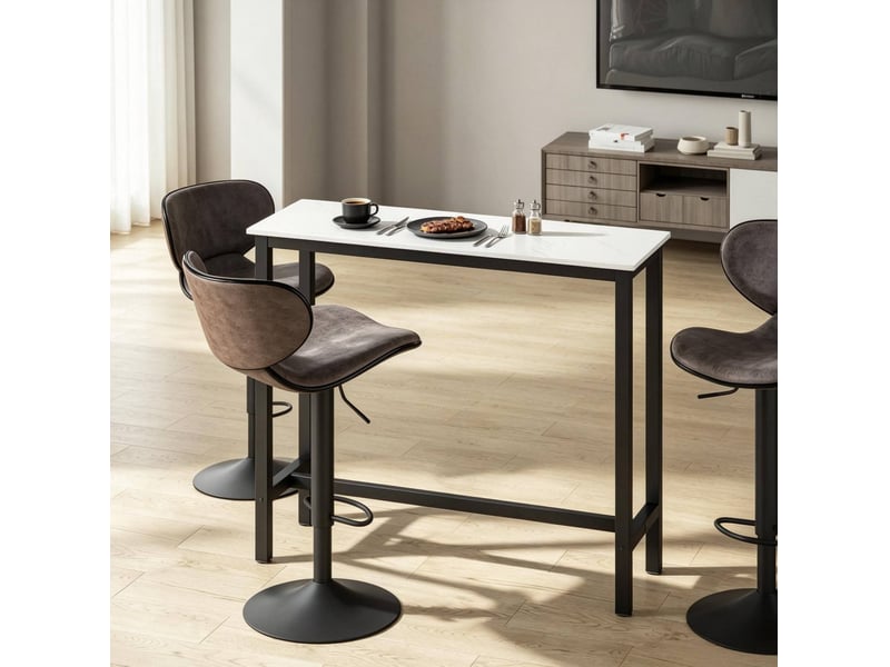  Table de bar 120x40x100 cm design moderne panneau de particules métal noir et blanc effet marbre  - Conforama B