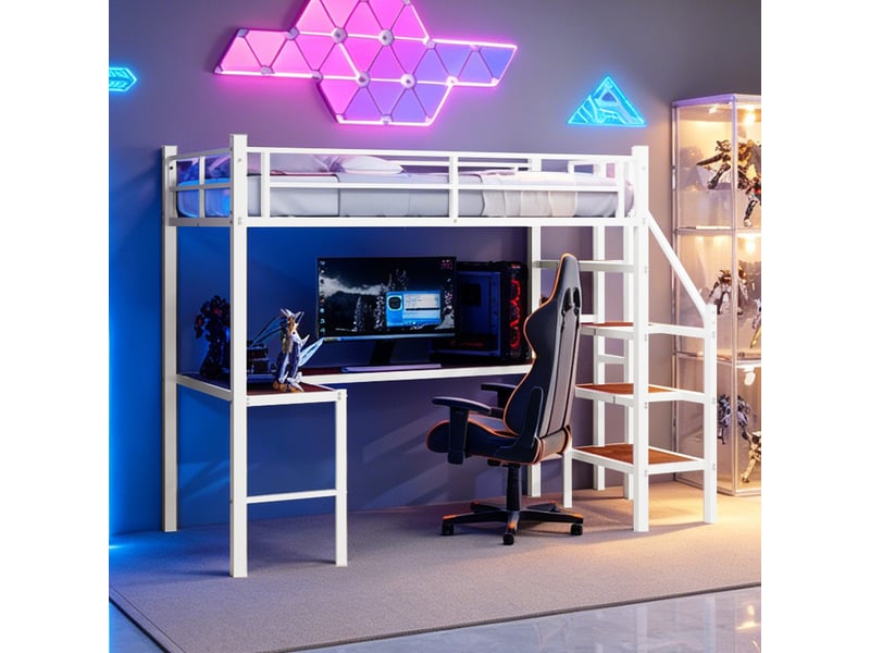 Lit mezzanine 90x190 cm avec bureau en l, cadre de lit adulte, lit 1 personne lit adulte, blanc - Conforama A