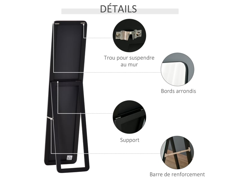  Miroir sur pied et mural rectangulaire dim. 37l x 43l x 156h cm mdf aspect noir  - Conforama R
