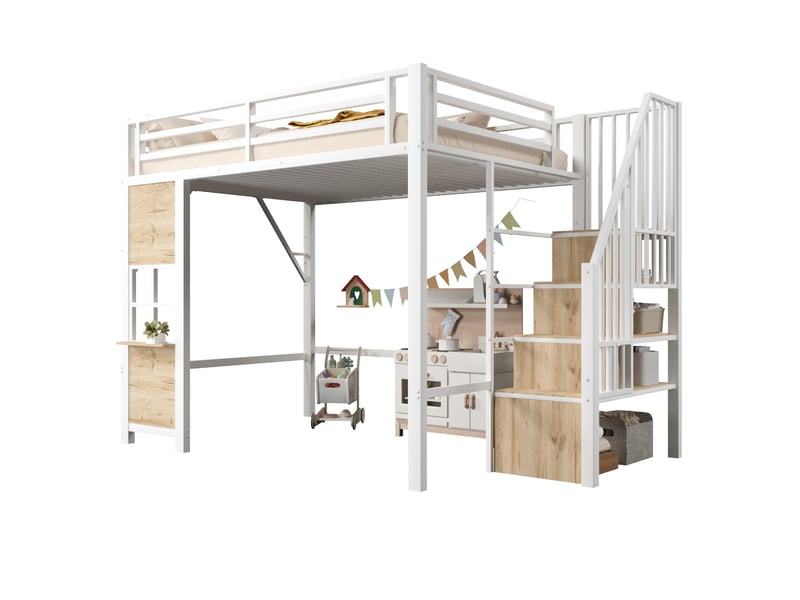  Lit mezzanine enfant 140x200 cm avec escalier de rangement blanc  - Conforama A