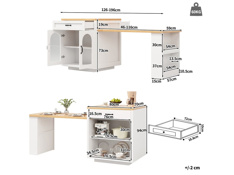  Meuble buffet rangement extensible mdf blanc led 126 196 cm cuisine salle a manger homvra  - Conforama E