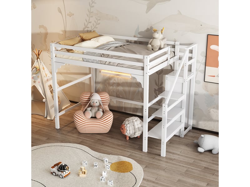  Lit mezzanine 140 × 200 cm 2 places avec armoire, escalier de rangement et sommier, sans matelas, blanc  - Conforama C