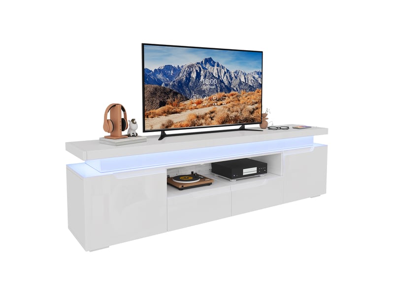  Meuble tv blanc brillant 180 cm avec led rgb et multiprise usb-c, grand rangement, pour tv jusqu’à 75 pouces  - Conforama A