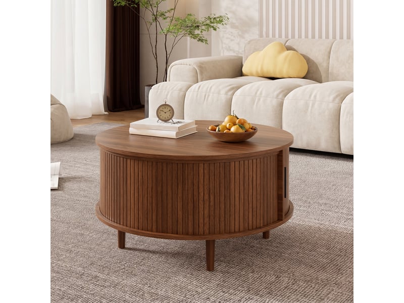  Table basse ronde, 80x80x59 cm, plateau relevable et rangement, mdf, finition noyer  - Conforama D