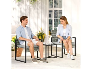 Ensemble table et chaise de jardin avec 2 fauteuils, 1 table basse et coussins, rotin synthétique et acier gris clair