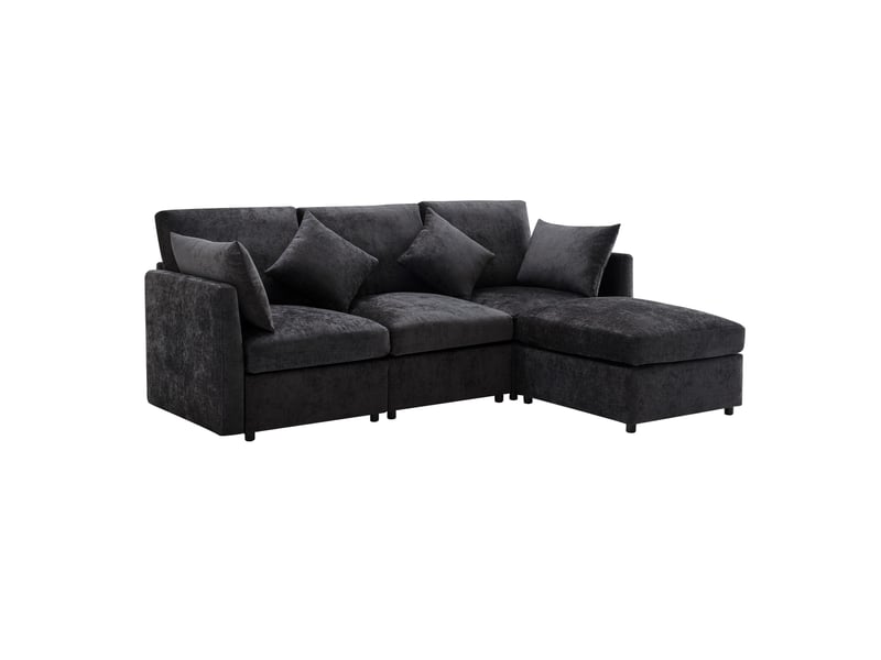  Canapé d'angle ulevr modulable en chenille gris 216 x 161 cm avec pouf mobile et 4 coussins, 3 à 4 places  - Conforama A