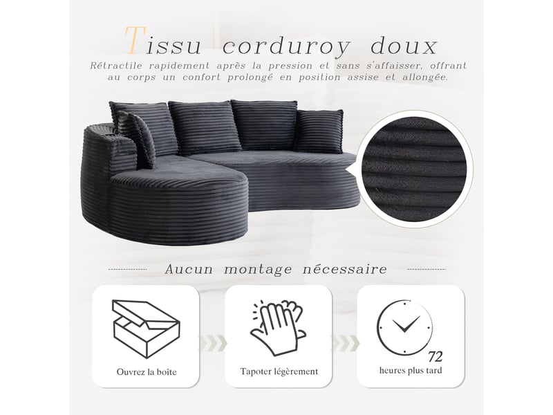  Canapé incurvé 3 places - 250 x 152 x 82 cm - avec porte-gobelets, poche latérale et 5 coussins, velours côtelé gris foncé  - Conforama E