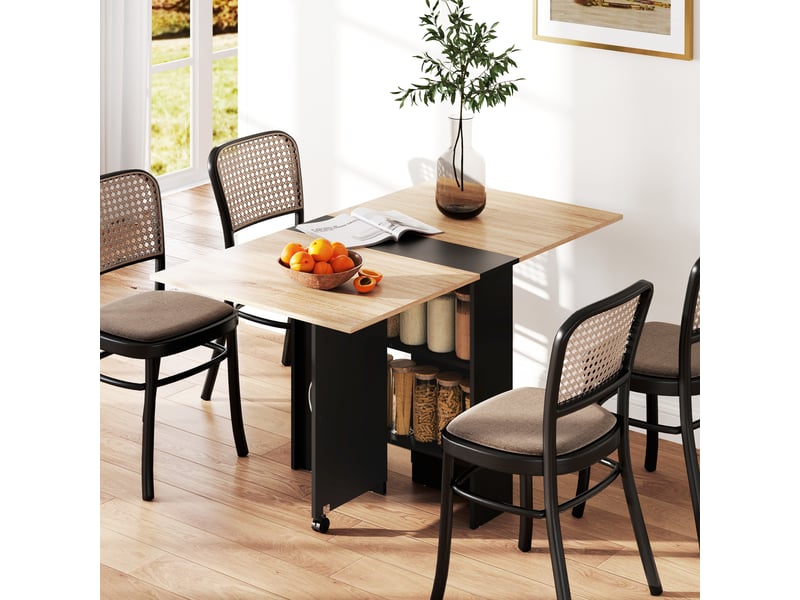  Table de cuisine pliante à roulettes, 2 étagères de rangement et 2 rallonges rabattables, style moderne, 75 x 140 x 74 cm, couleur naturelle  - Conforama C