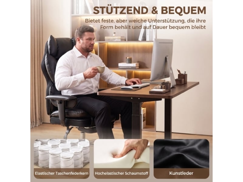 Fauteuil de bureau xxl en similicuir, ressorts ensachés, inclinable, noir, 180 kg  - Conforama E
