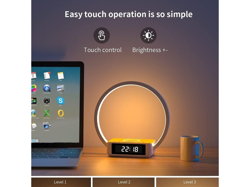  Lampe de chevet chargeur sans fil – avec réveil, tactile, dimmable, couleur bois  - Conforama C
