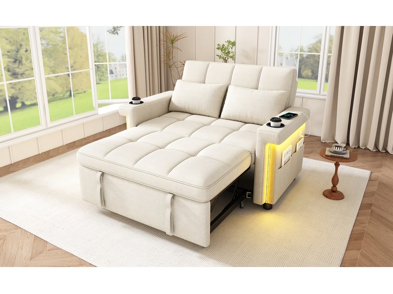  Canapé convertible 2 places avec dossier réglable, led, ports usb et usb-c, porte-gobelets et poches en chenille beige  - Conforama E
