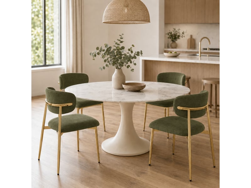 Lot de 2 chaises de salle à manger rembourrées vertes, dossier incurvé, pieds en métal doré, patins réglables, charge 125 kg, design moderne - Conforama C