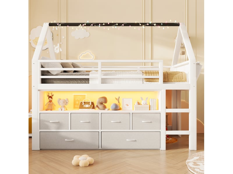  Lit mezzanine enfant 90x200 cm avec led, 6 tiroirs en tissu, blanc, sans matelas  - Conforama B