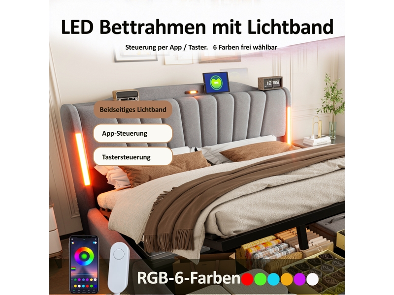 Lit coffre 180x200cm avec rangement hydraulique, tête de lit led connectée, ports usb et type-c, veilleuse et pied de lit surélevé, velours, gris evarich - Conforama D