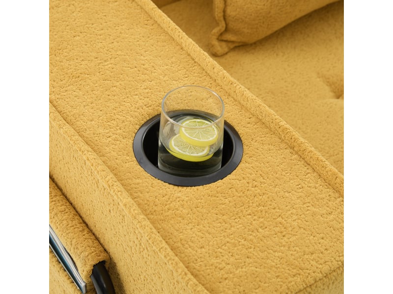  Canapé 2 places jaune moutarde en chenille 162 × 78 × 66 cm, 2 coussins, pouf, rangement latéral et porte-gobelets  - Conforama C