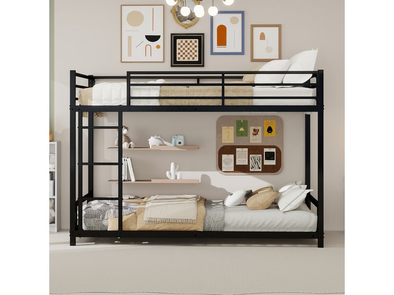  Lit superposé 90x190 cm - lit simple enfant avec échelle intégrée et barrière sécurisée - métal - sans matelas - noir  - Conforama C
