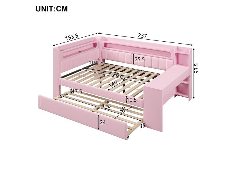 Lit tiroir gigogne 140x200 cm avec bureau, led 7 couleurs, ports usb, tissu lin rose, sans matelas - Conforama C
