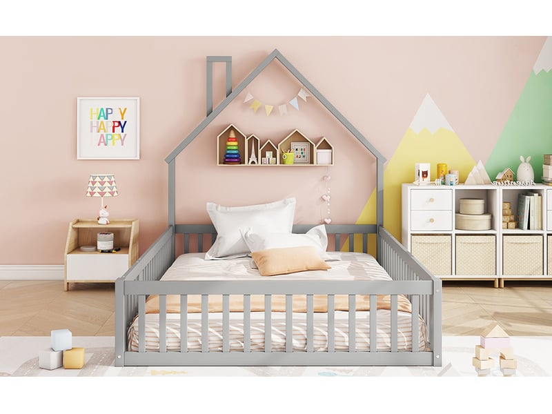  Lit enfant 140x200 cm en pin massif gris, sommier design moderne  - Conforama D