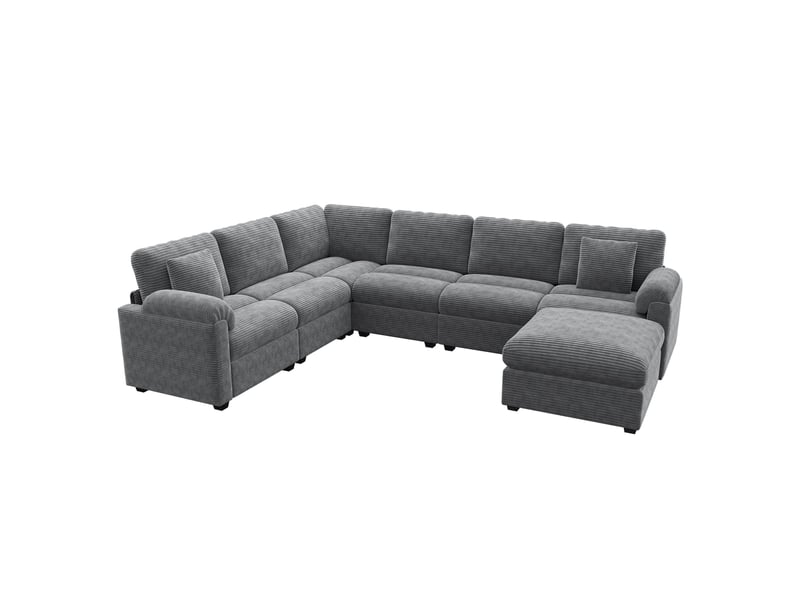  Canapé d'angle modulable 7 places 274,5 × 210,5 cm en velours côtelé, gris IKSETERA TRADING LTD - Conforama A