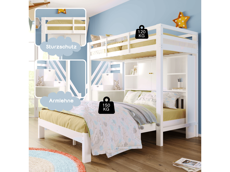  Lit superposé 90x200 et 140x200 enfant avec rangement escalier et table mobile bois massif blanc  - Conforama D