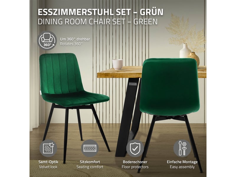 Ml-design chaise de salle à manger en velours, lot de 2, pivotante 360 degrés, avec dossier, pieds en métal, design moderne mid-century, patins réglables, pour cuisine salon, 120 kg, vert foncé - Conforama B