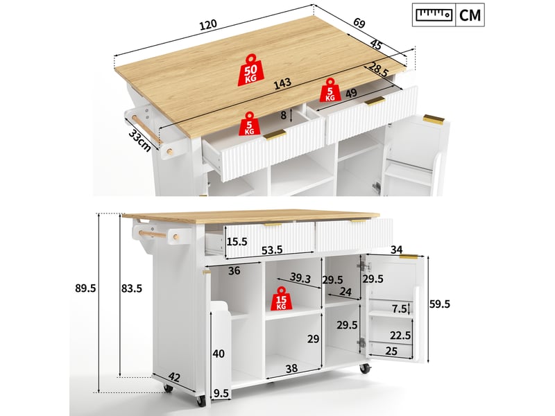  Desserte de cuisine,143x45x89.5 cm,à roulettes,mdf,blanc et naturel  - Conforama C