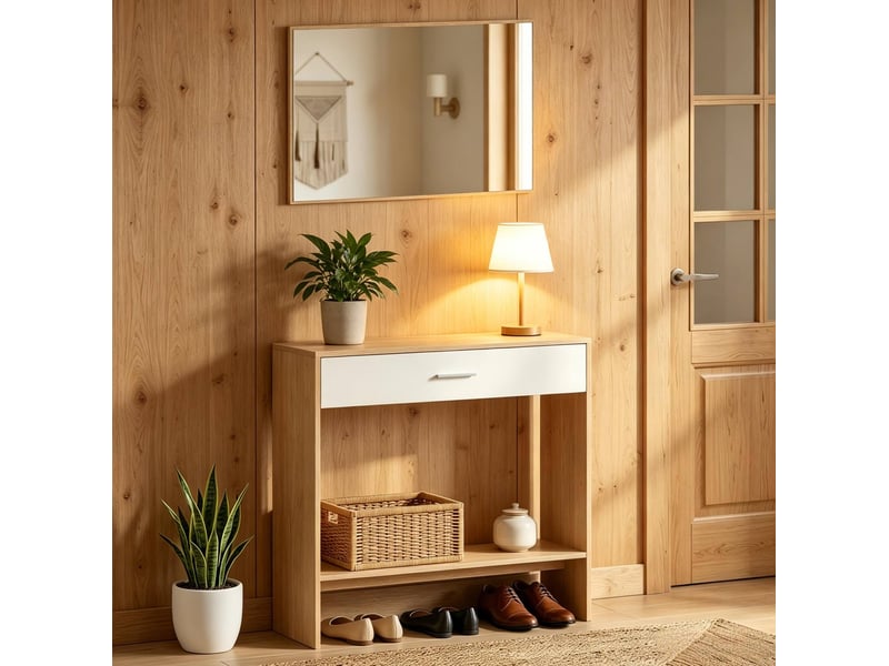 Console d'entrée 91,5x27,9x85,5 cm avec miroir panneau de particules chêne et blanc - Conforama D
