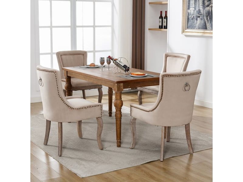  Chaise de salle à manger rembourrée - velours - beige - 4 pièces - 61x91 cm - cadre en bois massif beige - Conforama C