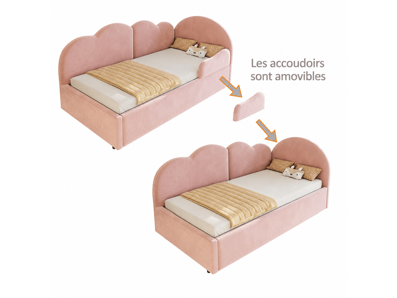  Canapé-lit capitonné 90x200cm + 90x190cm - tête de lit en forme de nuage - tissu velours - rose (matelas non inclus)  - Conforama W