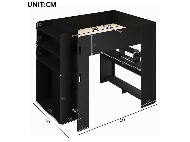  Lit mezzanine 140 × 200 cm 2 places avec bureau, armoire ouverte, rangements, led et usb, sans matelas, noir  - Conforama D