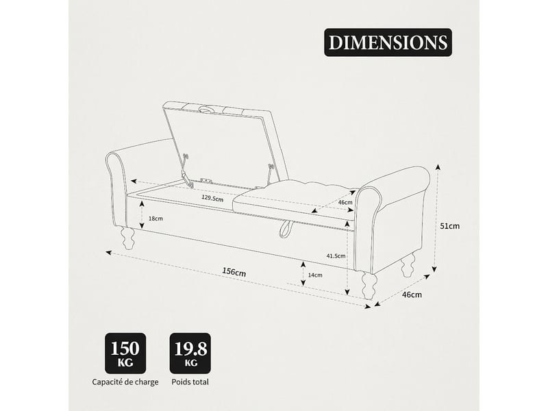  Banc de rangement anthracite 156 cm avec coffre et accoudoirs enroulés, bout de lit  - Conforama C