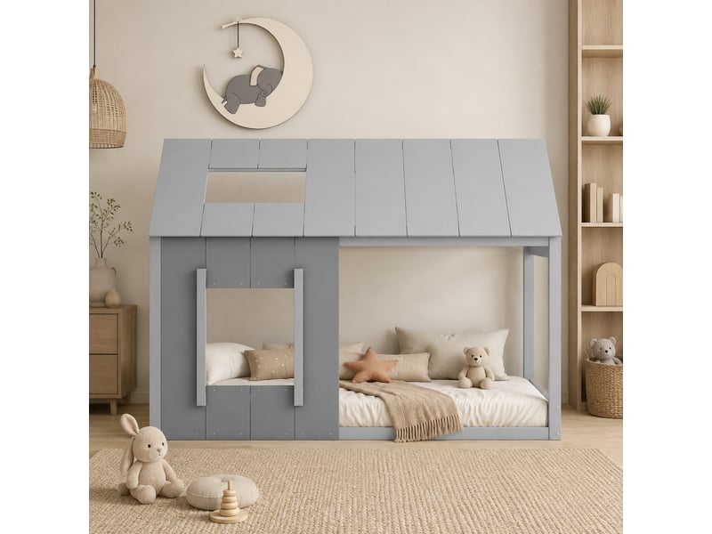 Lit cabane enfant 200×90 cm avec toit et fenêtre, en pin et mdf gris, structure ouverte à décorer  - Conforama B