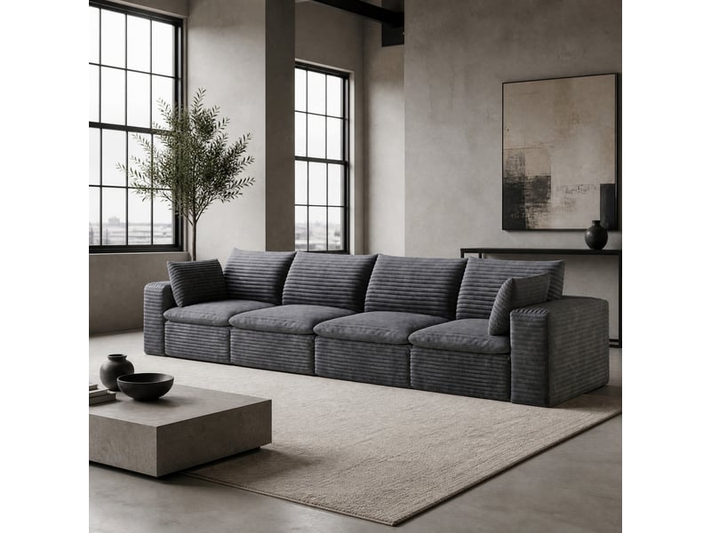  Canapé modulable 4 places 340 cm en velours côtelé gris foncé,avec coussins amovibles, sans montage  - Conforama B