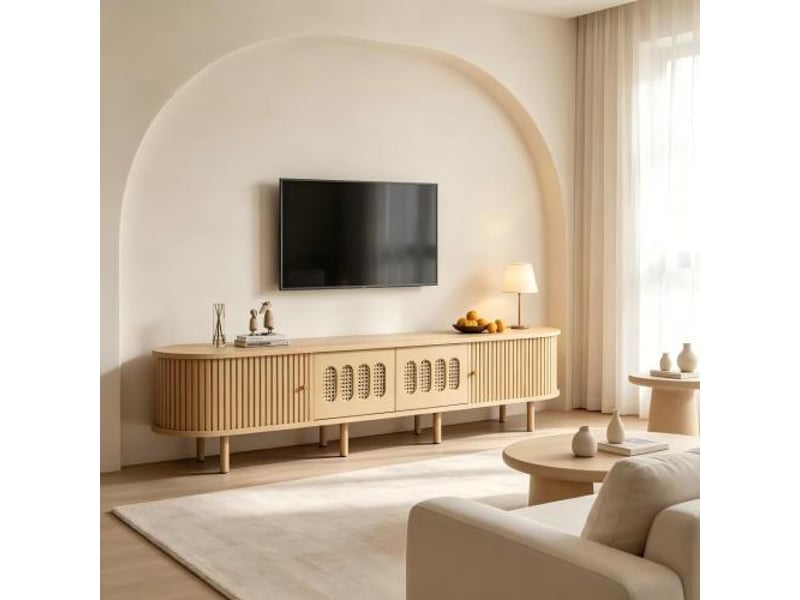  Meuble tv 180cm, lowboard en bois clair et rotin, meuble de salon avec portes coulissantes pour téléviseur jusqu'à 75 pouces  - Conforama B