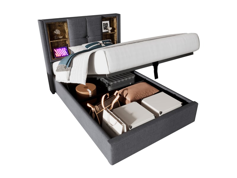  Lit simple 90x200 cm avec usb-c, lit enfant avec sommier à lattes en bois, lit 1 personne avec matelas, gris  - Conforama W