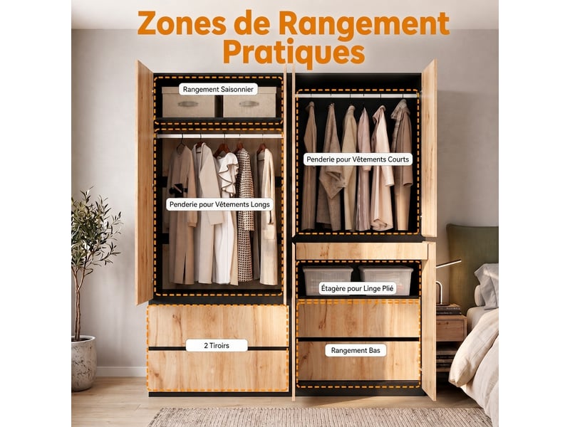  Armoire 6 portes battantes, armoire chêne et blanc avec 5 tiroirs et 2 penderies, 180x50x200 cm  - Conforama R