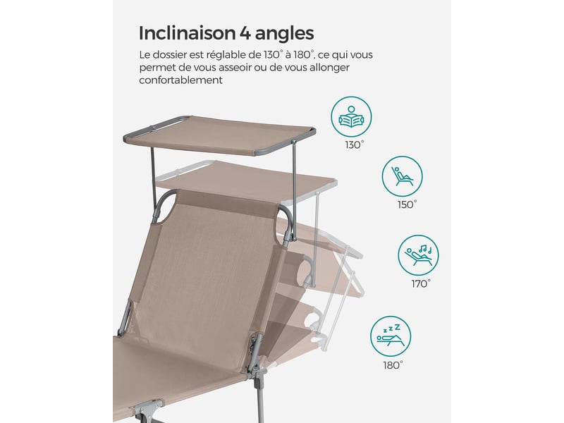  Lot de 2 transats de jardin pliables confortables avec dossiers inclinables 55 x 193 x 31 cm en tissu taupe  - Conforama C