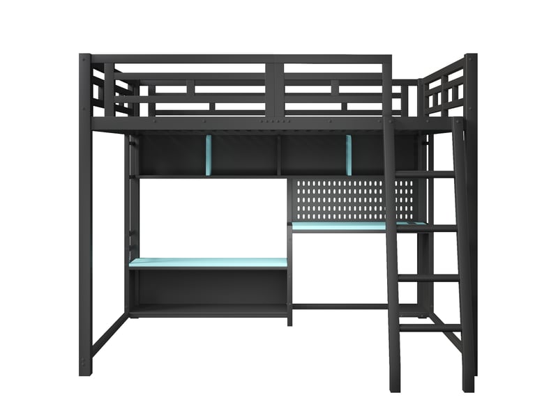  Lit superposé en métal 140x200 avec bureau style gaming, éclairage led et étagères de rangement, noir et bleu  - Conforama D