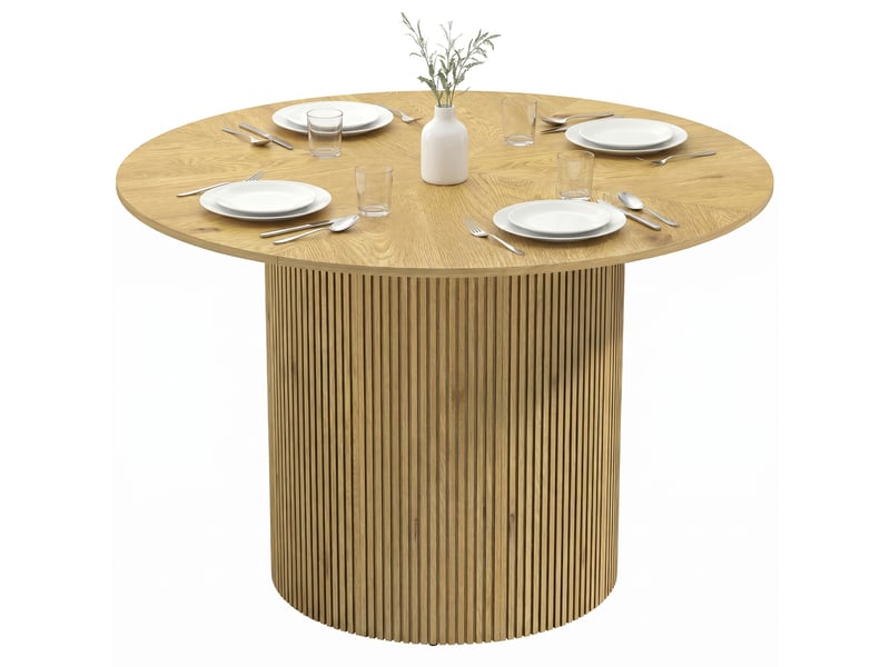 Table de salle à manger ronde moderne pour 4 à 6 personnes, table de cuisine de 110 cm avec piètement cylindrique rainuré, chêne - Conforama A