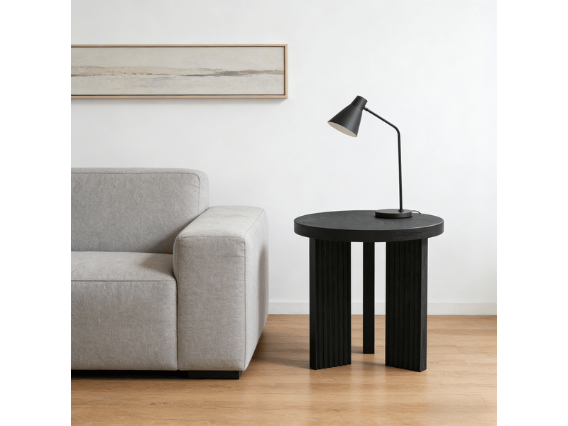  Table basse ronde avec plateau compact et piètement tripode rainuré, en mdf noir, pour salon, chambre et balcon  - Conforama E
