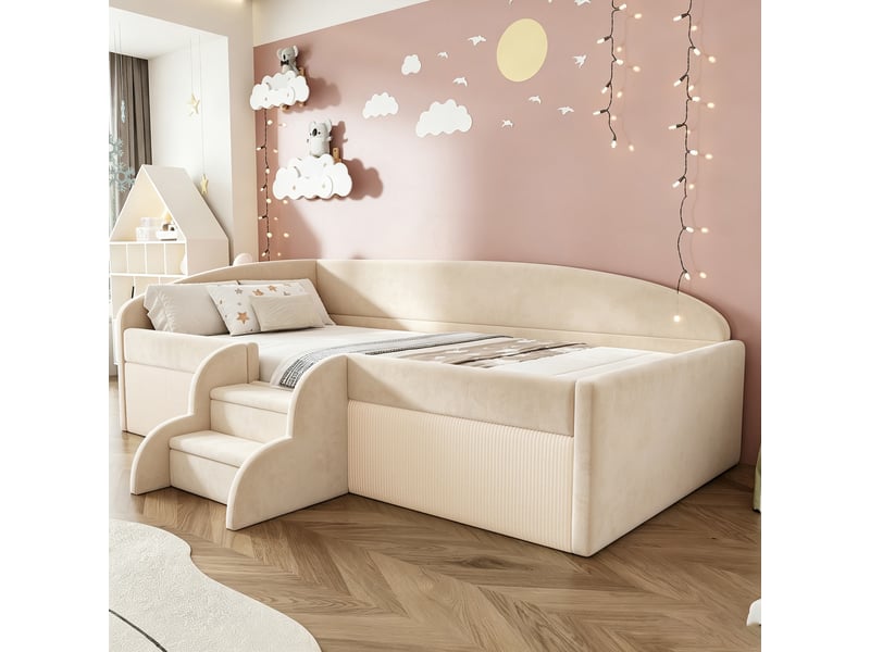  Lit enfant 90x190 cm avec escalier - lit rembourré multifonction avec barrières de sécurité - velours beige evarich - Conforama B