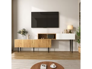 Meuble tv modulable extensible bois et blanc mat avec pieds métal noir 120-240cm